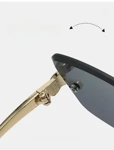 Détail de la charnière en métal doré et des verres gris des lunettes sans monture