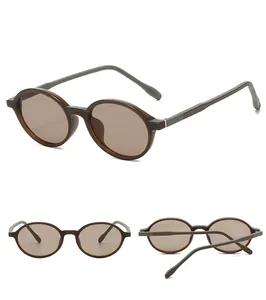 Detailed views of vintage round TR90 sunglasses with brown frames and olive grey temples