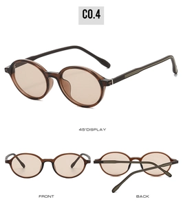 Three-angle display of oval TR90 sunglasses showing the front, back and 45-degree view