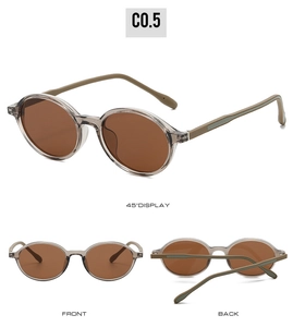 Three-angle display of vintage TR90 round sunglasses with gray frames and brown lenses