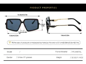 Detailed size chart for oversized square sunglasses including frame width and weight