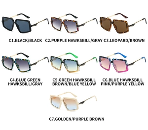 Detailed array showing oversized geometric sunglasses in seven gradient color variations