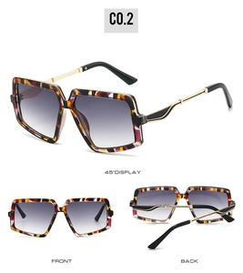 Three-view display of square tortoiseshell sunglasses with gradient lenses and gold arms