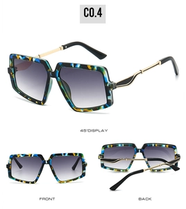 Detailed views of oversized square sunglasses with tortoise frame and gradient lenses