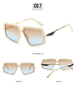 Three-view layout of geometric cream sunglasses with gradient lenses and gold metal temples