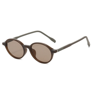 Retro TR90 round sunglasses in coffee brown and grey-green, 45-degree angle view