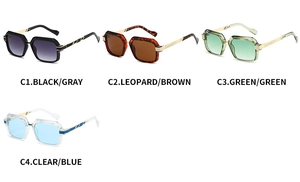 Détails de quatre lunettes de soleil carrées à monture épaisse avec accents en métal doré