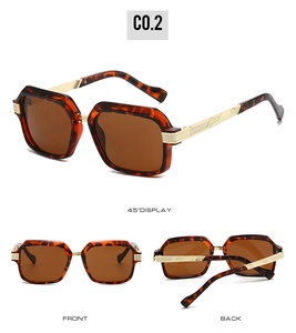 Détails de lunettes soleil polygone écaille avec branches dorées texturées, modèle C0.2