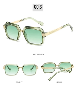 Vue détaillée de lunettes de soleil carrées avec monture vert clair et branches dorées