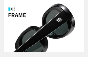 Detail of glossy black thick-frame sunglasses featuring silver triple-stripe temple accents