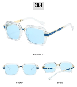 Vues détaillées de lunettes de soleil carrées classiques avec montures bleues et accents dorés