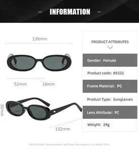 Detailed size chart and technical specifications for oval frame fashion sunglasses