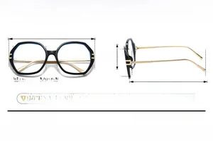 Detailed dimension guide for oversized polygon eyewear frames with metal temple measurements