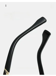 Détail des branches de lunettes noires brillantes avec charnières en métal doré