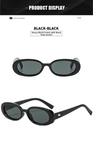 Glossy black oval frame sunglasses with dark grey lenses shown from dual view angles
