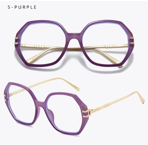Macro view of purple polygonal large frames with textured gold metal temples for eyewear