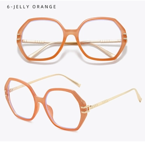 Detailed views of jelly orange polygon glasses frames with sleek golden metal temples
