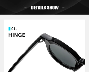 Macro view of durable metal hinge construction on retro round black sunglasses