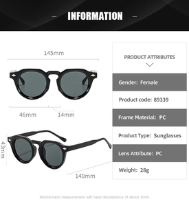 Detailed size specifications for retro round sunglasses with precise measurements in mm