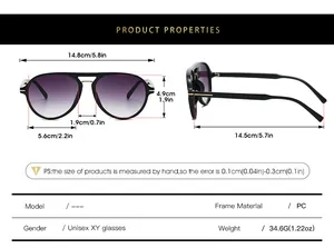 Detailed sizing chart for unisex pilot sunglasses with frame and lens dimensions