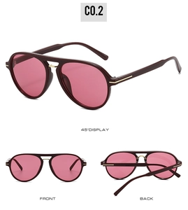 Three-view display of vintage double-bridge aviator sunglasses with red frames and pink lenses