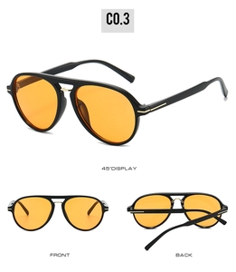Three-way view of pilot sunglasses featuring a double bridge and vibrant orange lenses