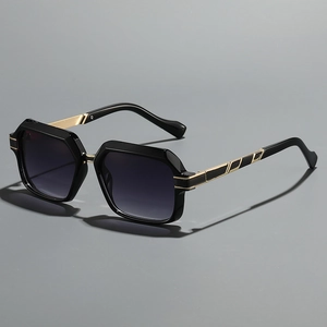 Lunettes de soleil carrées noires classiques pour hommes et femmes avec branches dorées