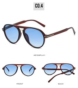 Multiple views of double bridge aviator sunglasses with burgundy frames and blue lenses