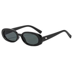 Retro oval black frame sunglasses with classic dark lenses and silver metal temple accents