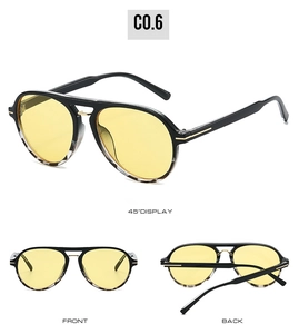 Three-view display of vintage pilot sunglasses with yellow lenses and tortoiseshell frame