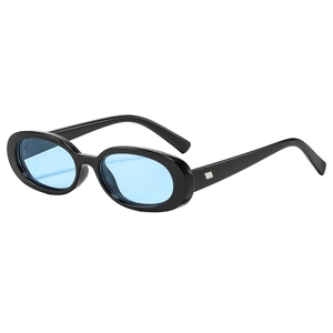 Trendy oval frame sunglasses with black glossy finish and light blue transparent lenses