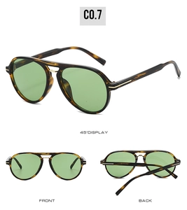 Detailed views of tortoise double-bridge aviator sunglasses with green tinted lenses