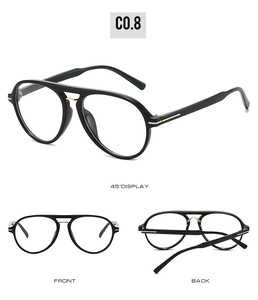 Three views of retro double-bridge aviator sunglasses with black frames and gold accents