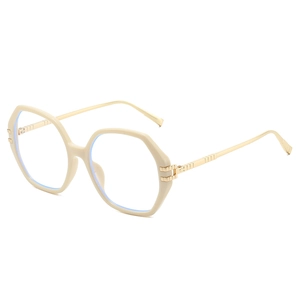 Chic polygonal cream eyewear frame with gold metal temples shown at a 45-degree angle