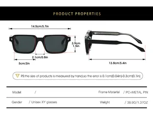 Detailed size chart with precise dimensions for square frame unisex sunglasses