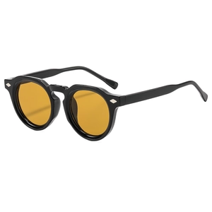 Vintage round frame sunglasses with black frame, yellow lenses and silver rivets