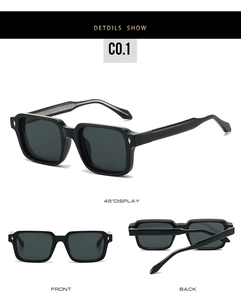 Detail view of square black sunglasses showing frame hinges and silver stud accents