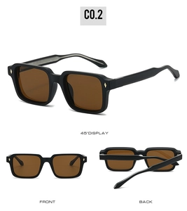 Three-view display of black square sunglasses with metal rivets and brown lenses