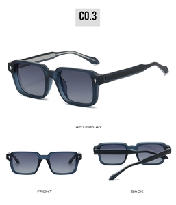 Detailed views of dark blue square sunglasses with gradient lenses and silver rivet accents