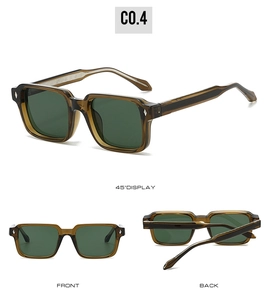 Detailed views of square translucent sunglasses featuring silver diamond rivets and dark lenses
