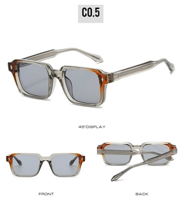 Detailed multi-angle views of square amber and transparent grey sun glasses