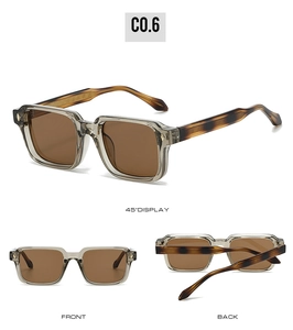 Three-angle view of square sunglasses with grey frames and tortoiseshell temples