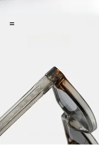 Detail of square gray sunglasses showing metal core wire and textured temple hinges