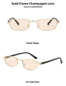 Vue détaillée des lunettes de soleil rectangles dorées avec verres champagne et charnière