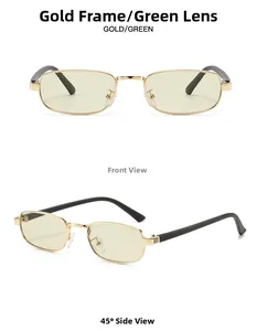 Détail de lunettes de soleil en métal doré avec verres verts et accents rayés