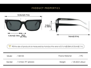Dimensions techniques détaillées et tableau des spécifications pour lunettes de soleil noires