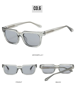 Vues multi-angles de lunettes de soleil carrées gris transparent avec charnières en métal