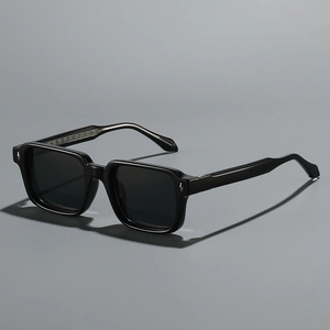 Classic square black sunglasses with silver arrow rivets and dark tinted lenses
