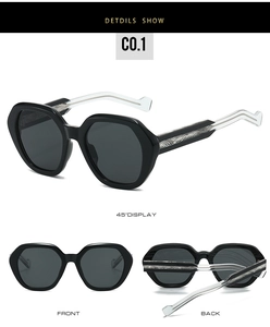 Detailed view of polygon sunglasses with transparent arms and silver wavy metal core