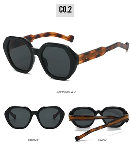 Detailed views of geometric hexagonal sunglasses with black frame and tortoiseshell temples
